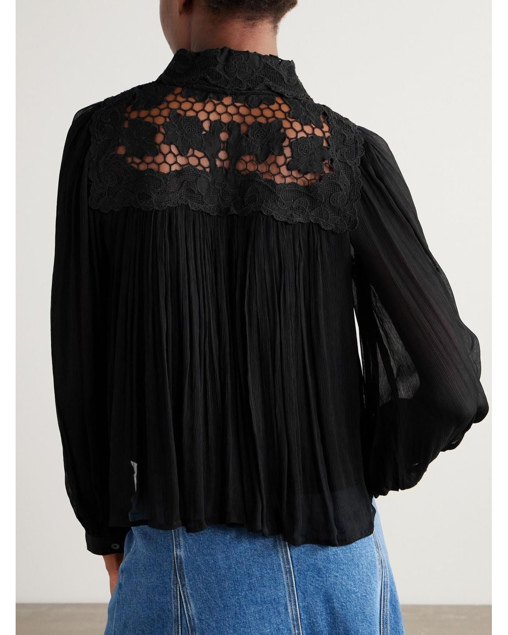 Sea Black Lace-Trimmed Crinkled Crepon Blouse