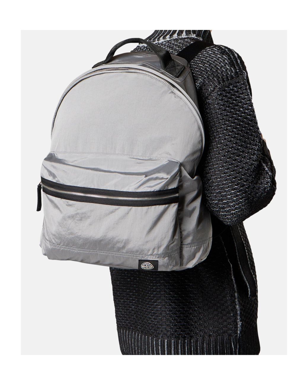 Stone Island Gray Logo Patch Zipped Backpack for men