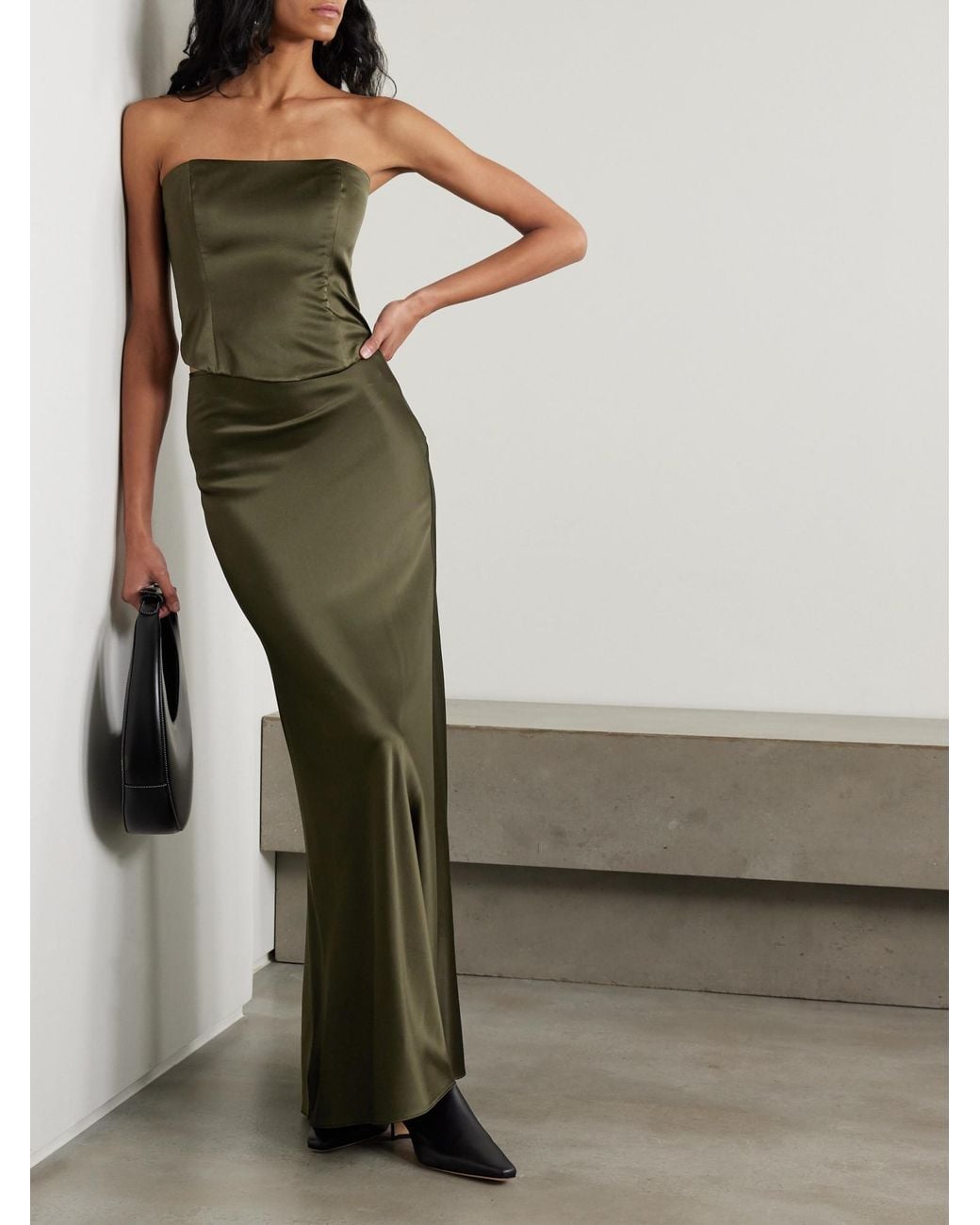 Staud Green Strapless Silk-Blend Satin Top