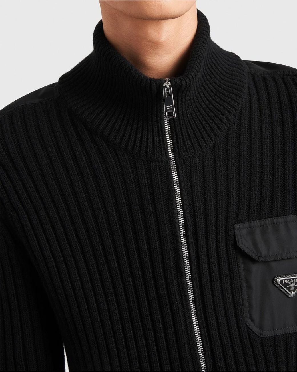 Prada Black Wool And Cashmere Cardigan With Re-Nylon Details for men