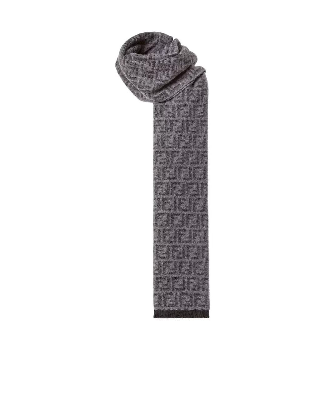 Fendi Gray Ff Jacquard Fringed-Edge Scarf for men