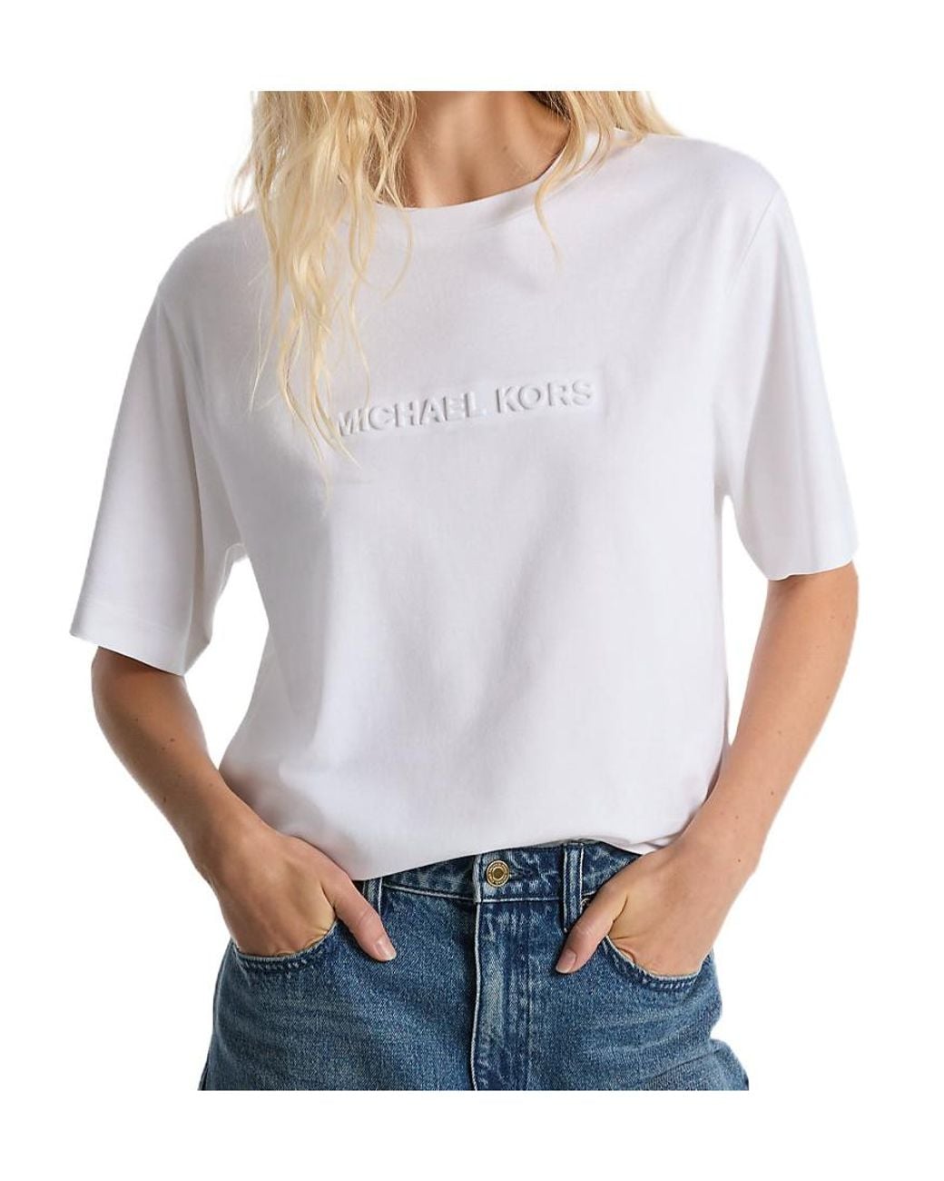 MICHAEL Michael Kors White Logo Embossed Crewneck T-Shirt