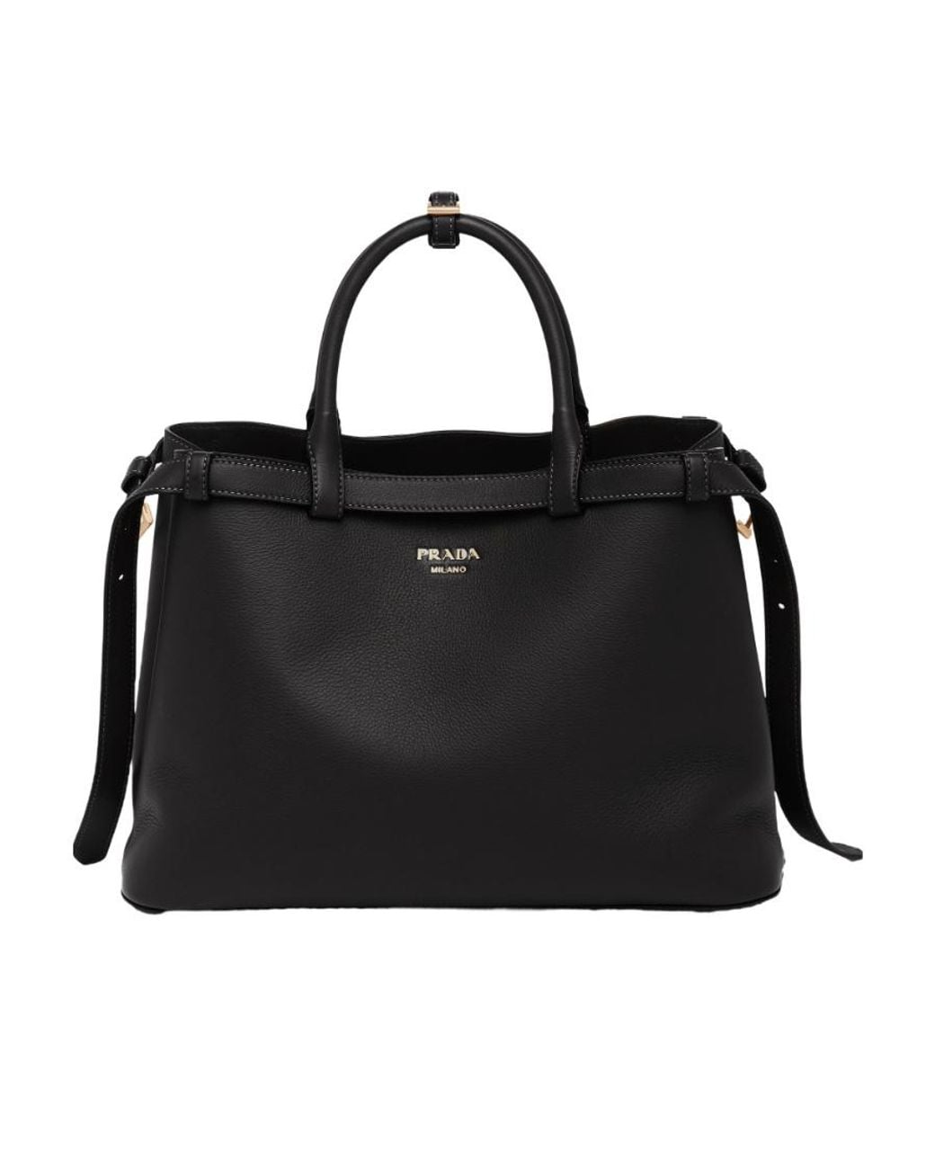 Prada Black Buckle Medium Leather Handbag With Double Belt