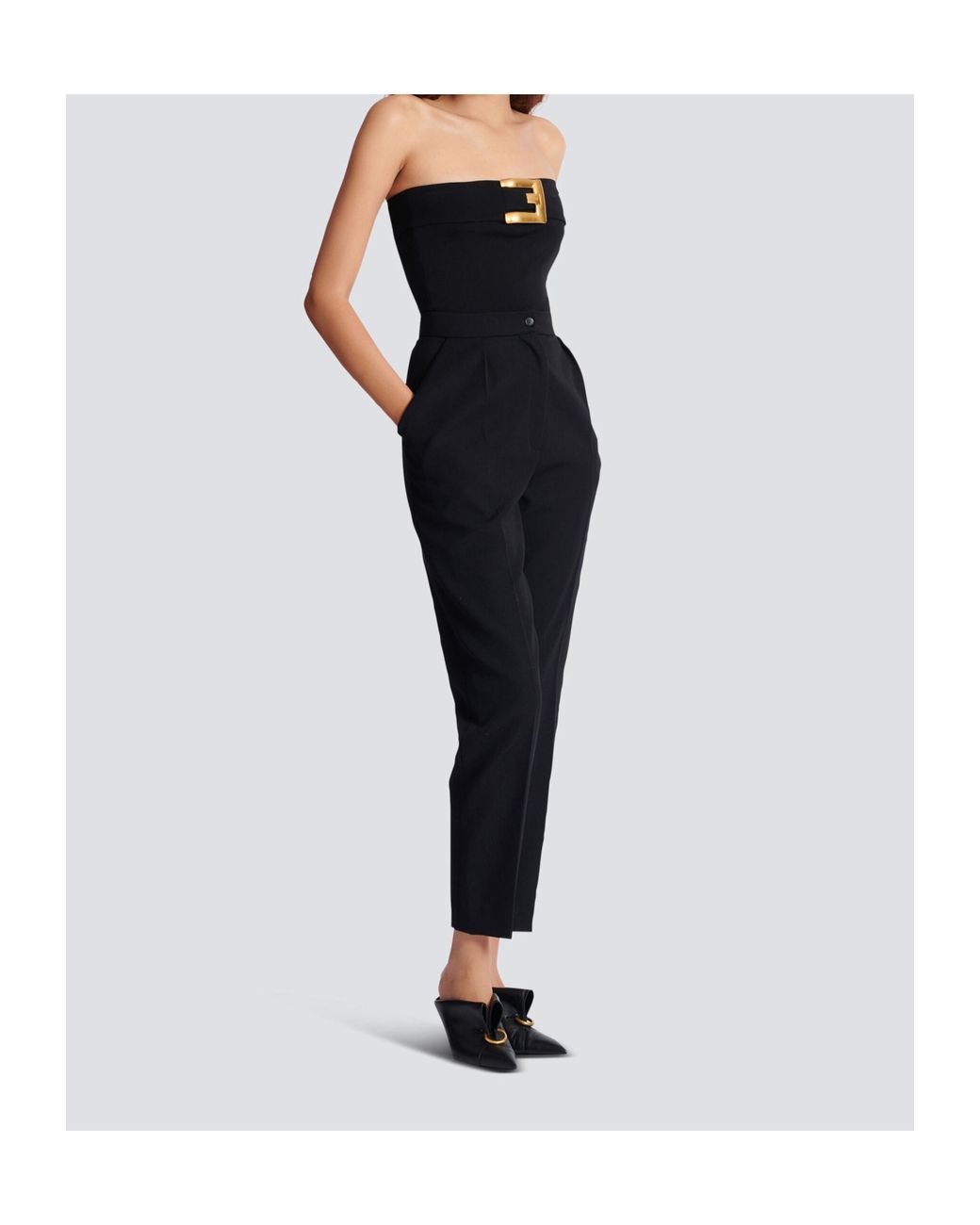 Balmain Black Strapless Buckle Crepe-Texture Bodysuit