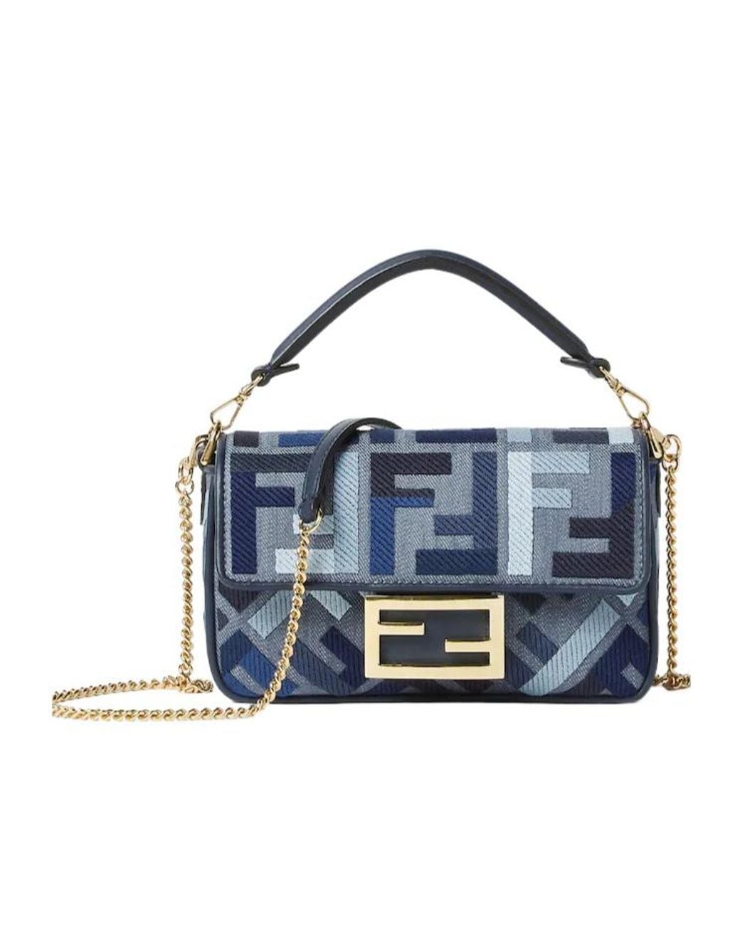 Fendi Blue Baguette Ff Embroidered Mini Tote Bag