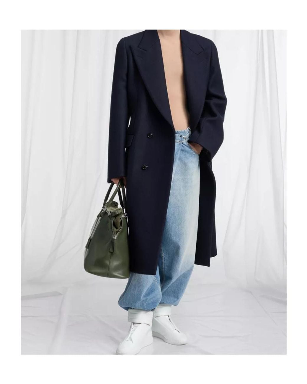 Maison Margiela Blue Double-Breasted Wool Overcoat for men