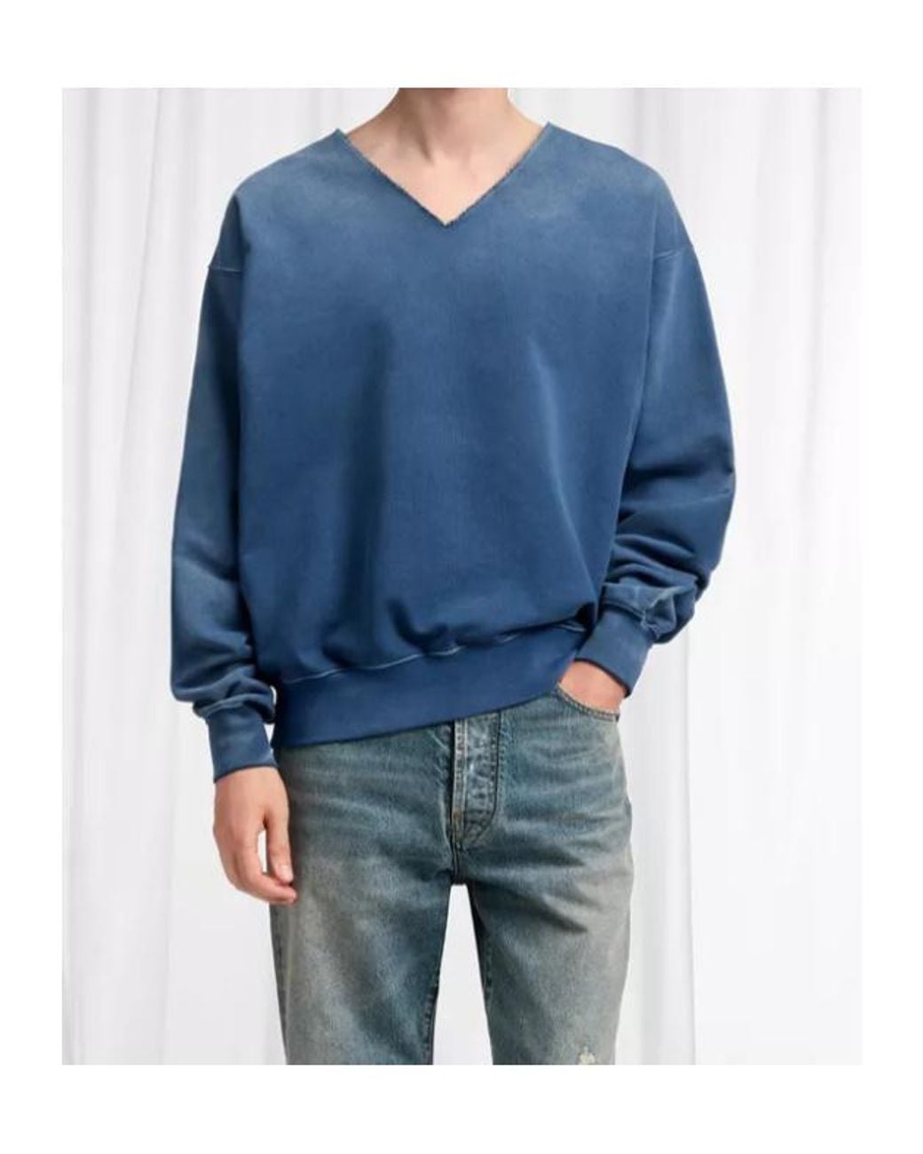 Maison Margiela Blue Washed V-Neck Cotton Sweatshirt for men