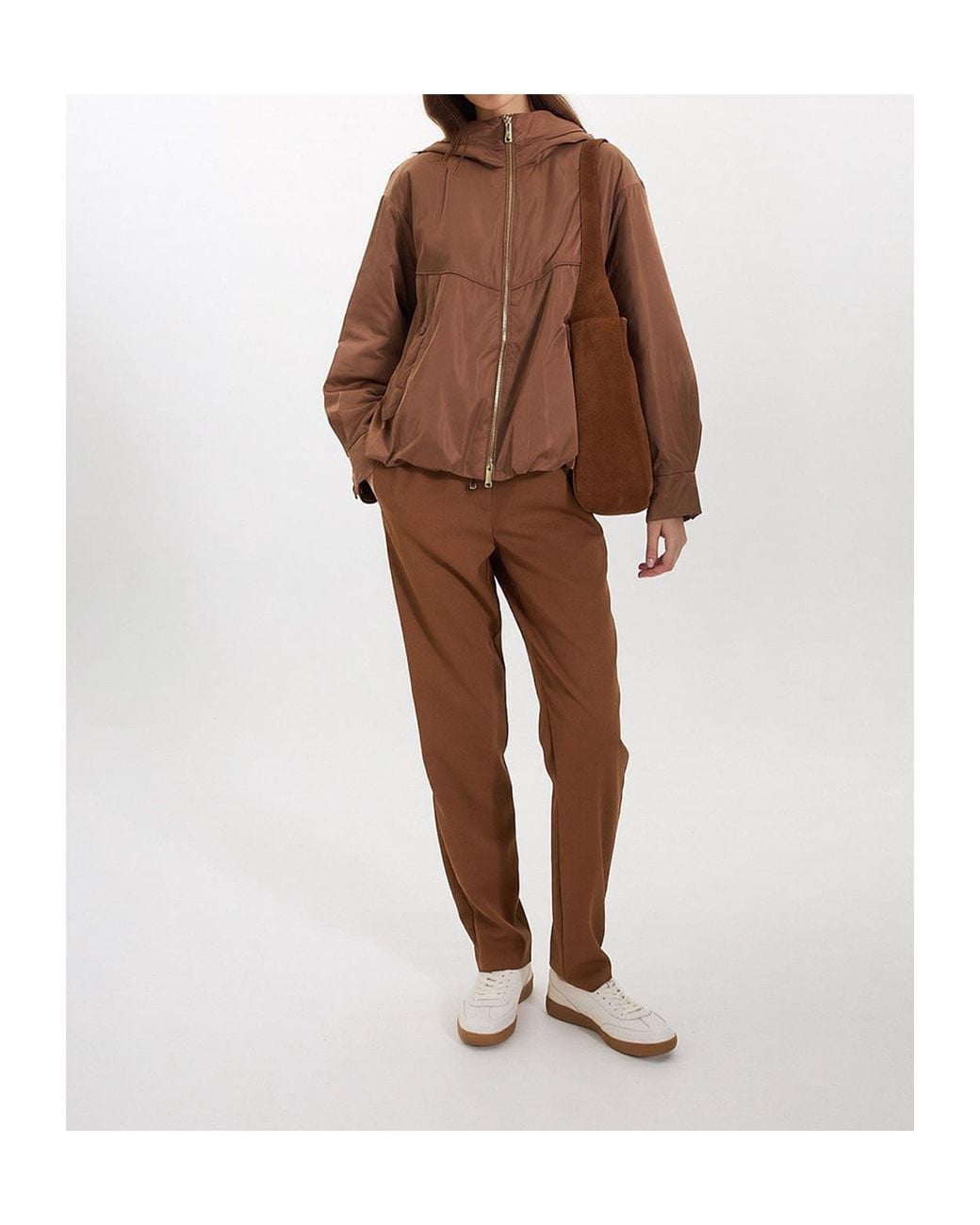 Marella Brown Zip-Up Hooded Casual Jacket