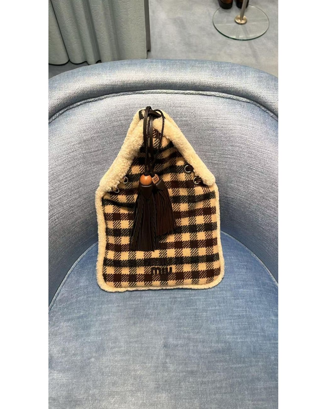 Miu Miu Natural Gingham And Shearling Handbag