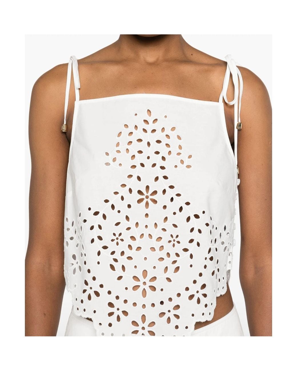 Self-Portrait White Embroidered Asymmetric Hem Top