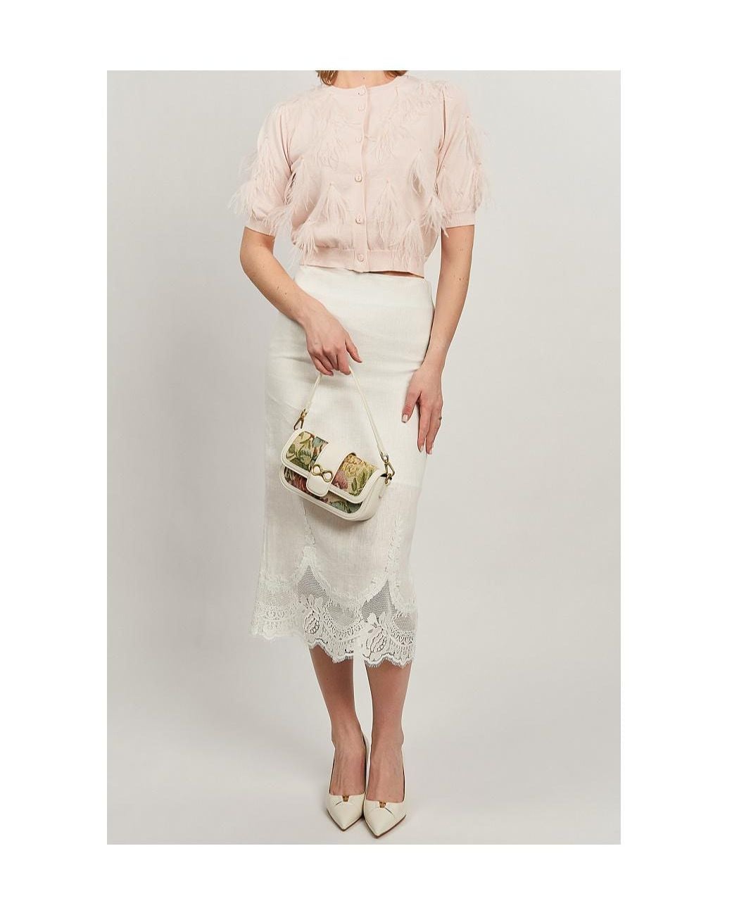 Twinset White Lace-Trim Pencil Midi Skirt