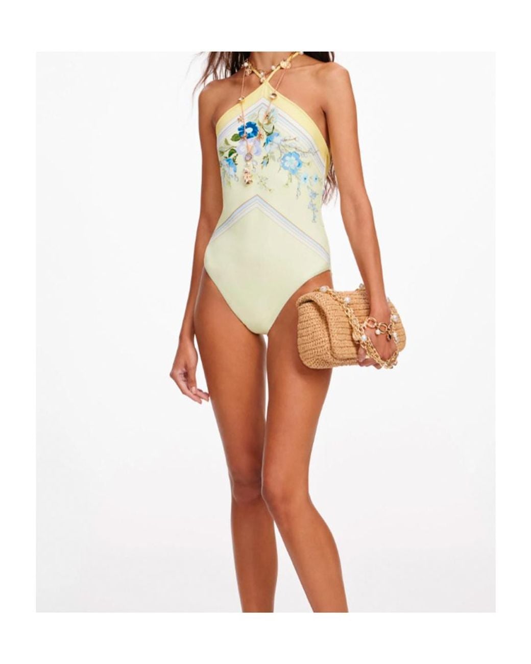 Self-Portrait Blue Floral Print Halterneck Swimsuit