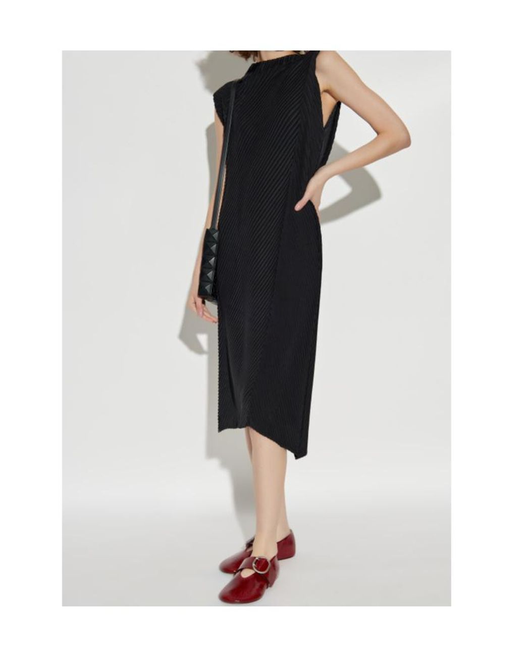Issey Miyake Black Pleated Sleeveless Asymmetrical Dress