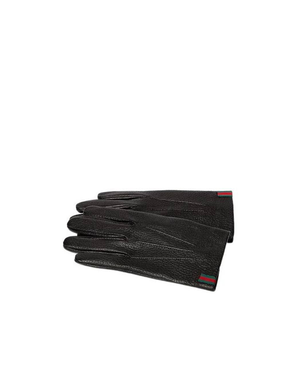 Gucci Black Grainy Leather Gloves With Web for men
