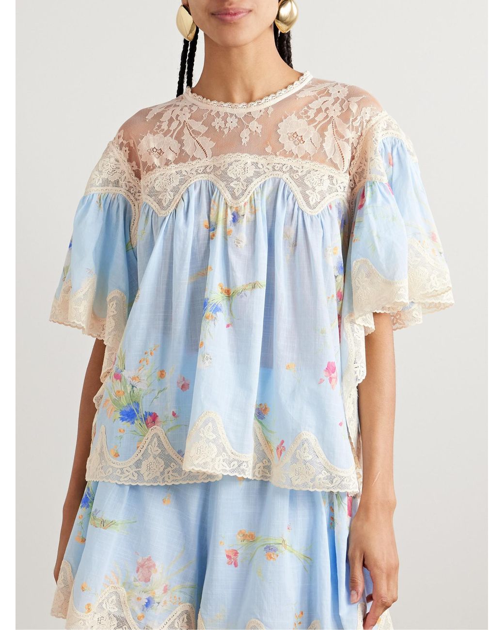 Zimmermann Blue Lace-Trimmed Floral-Print Cotton-Voile Blouse