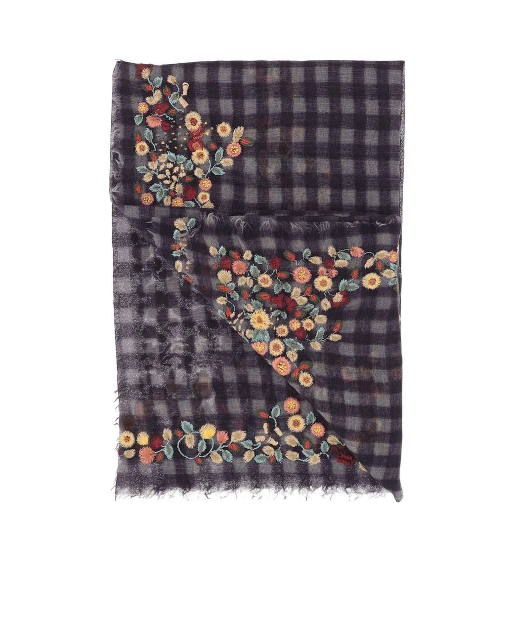 Faliero Sarti Blue Checked Floral Appliqué Scarf