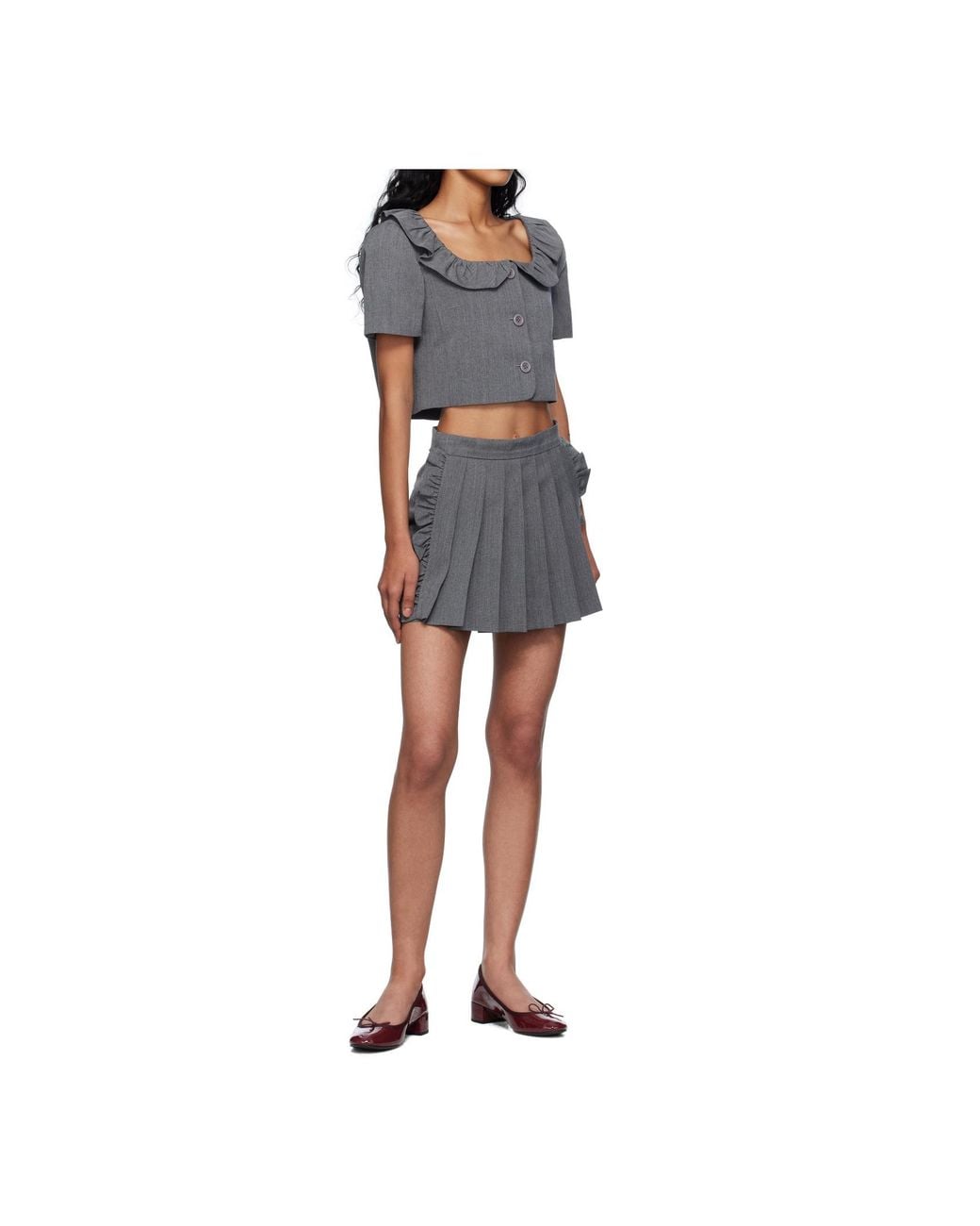 Pushbutton Gray Ruffled Collar Cropped Top