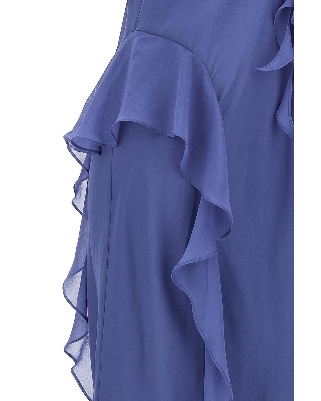 Khaite Blue Ruffle-Trim Plunging V-Neck Maxi Dress