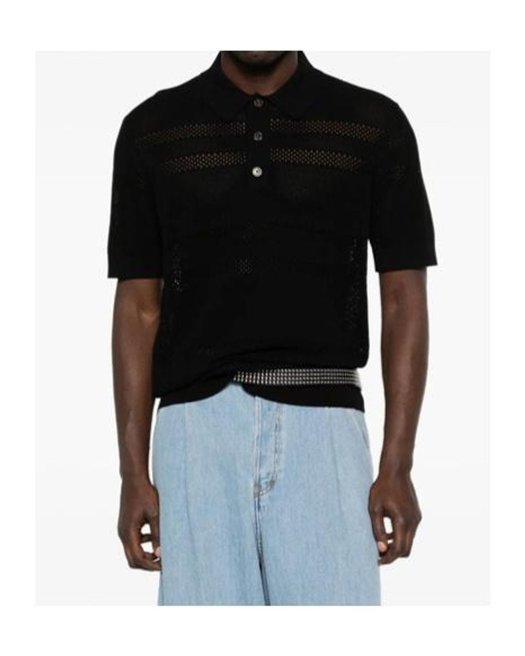 Dries Van Noten Black Mesh Polo Shirt for men