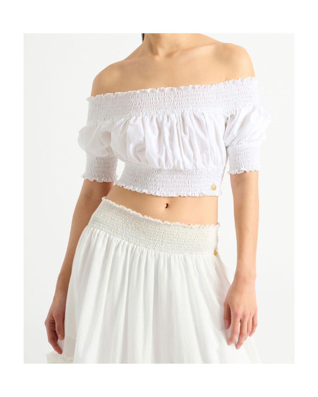 Balmain White Cotton Off-The-Shoulder Crop Top