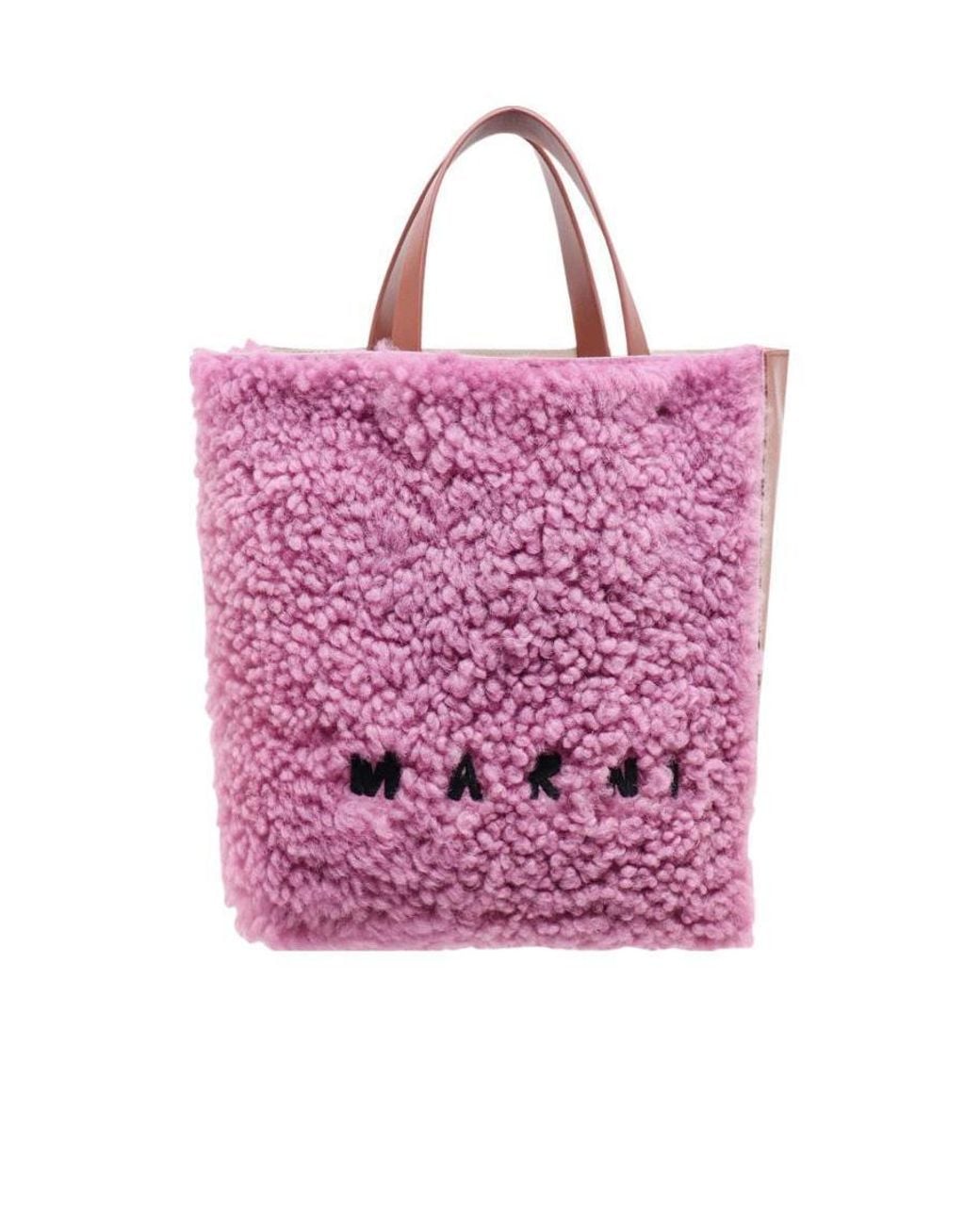 Marni Pink Museo Logo Embroidered Shearling Tote Bag
