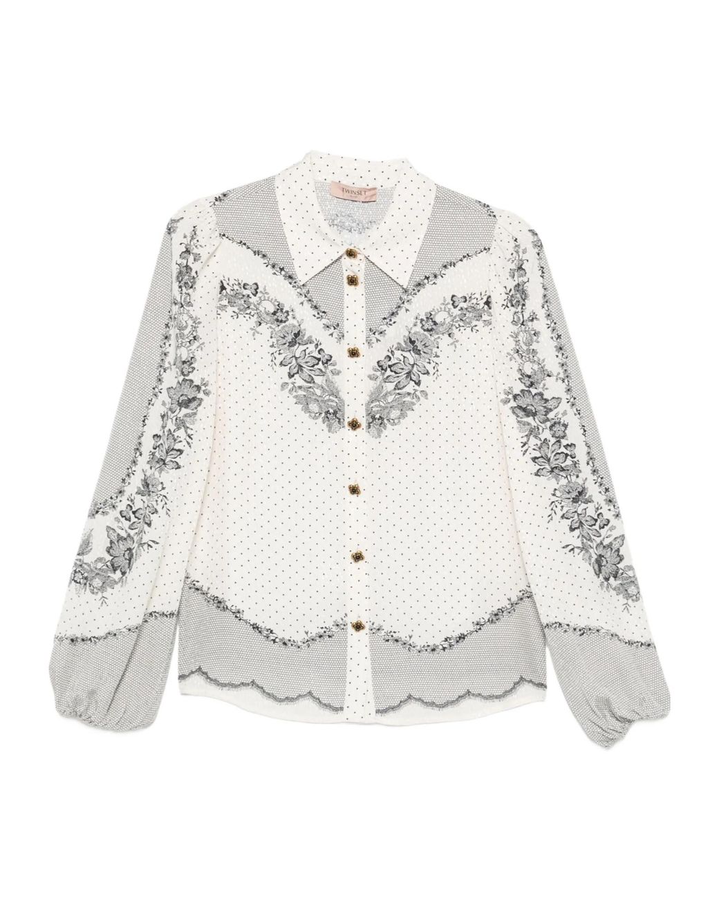 Twinset White Floral-Print Polka-Dot Blouse