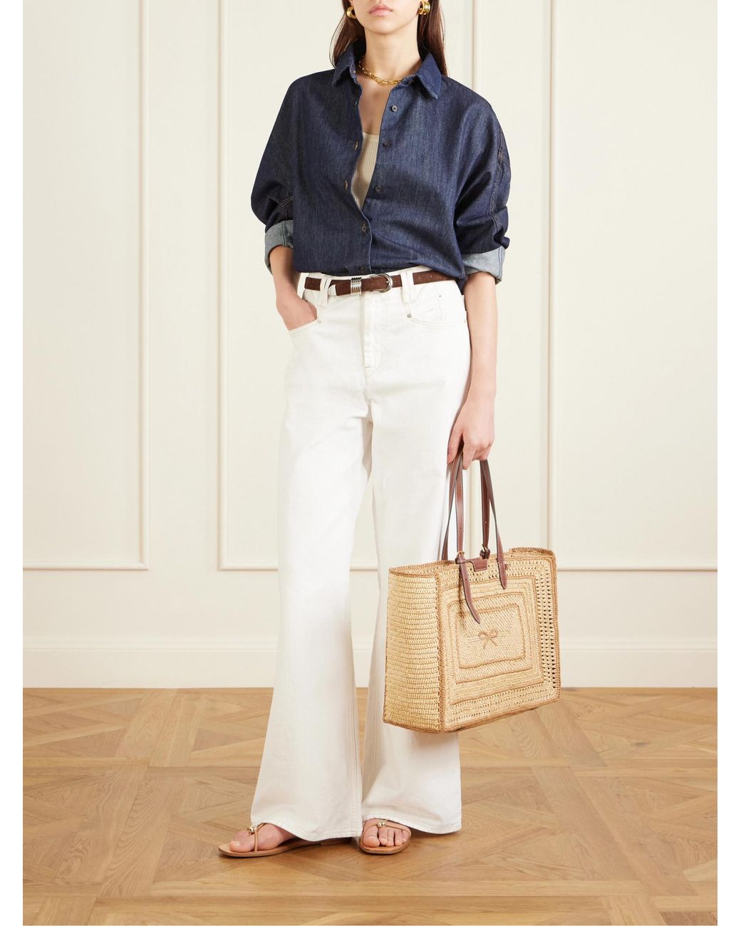 Anya Hindmarch Natural Bow Leather-Trimmed Raffia Tote