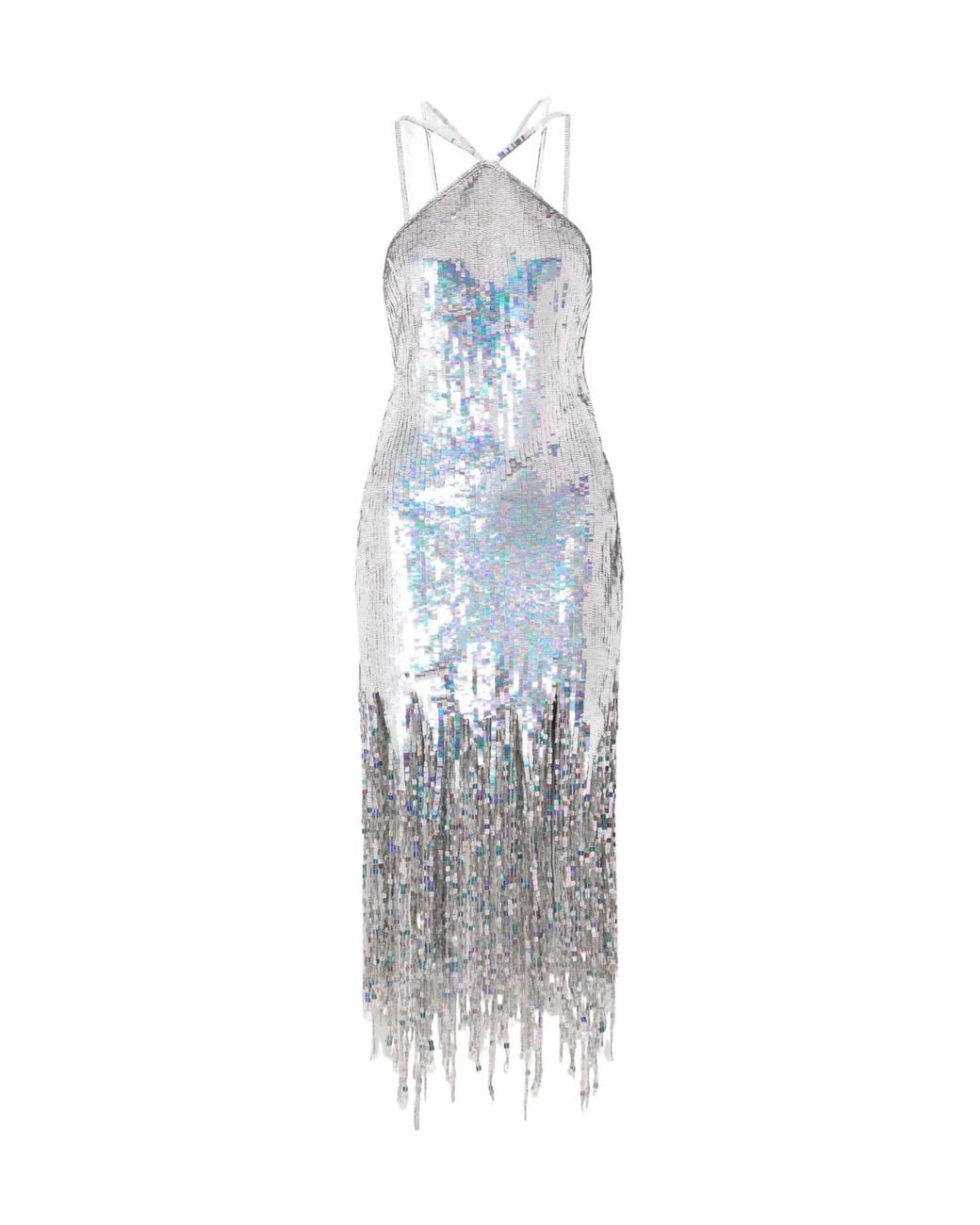 The Attico White Fringed Sequined Mesh Dress