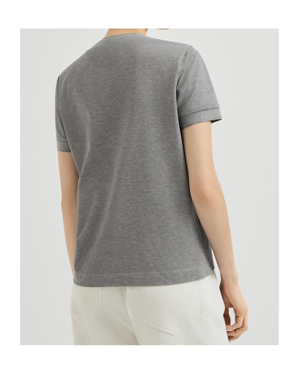 Brunello Cucinelli Gray Stretch Cotton Piqué T-Shirt With Sparkling Cotton Knit Inserts And Logo