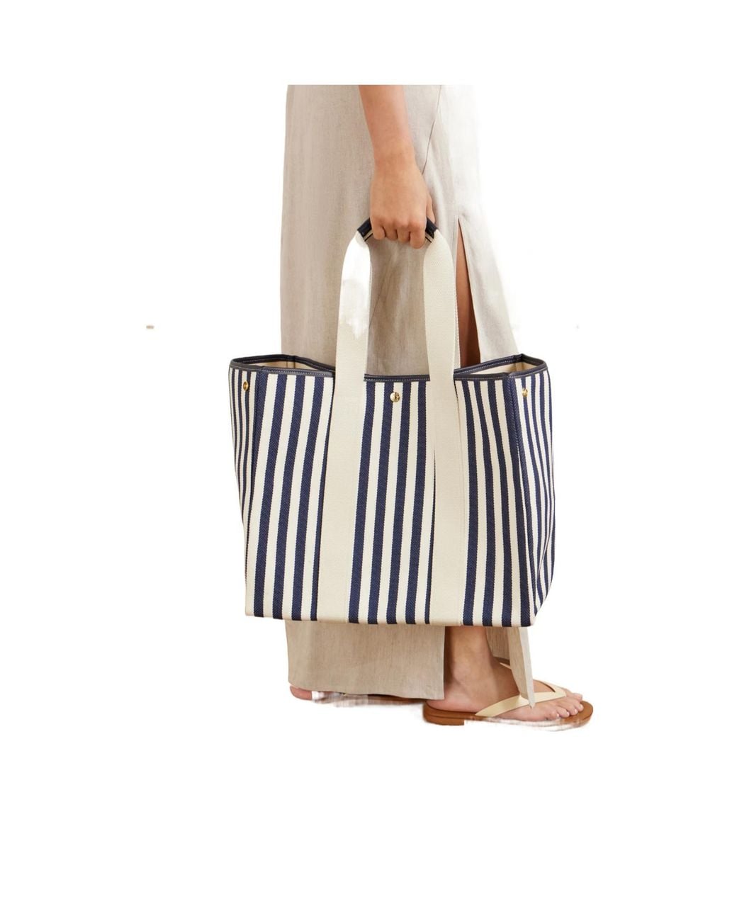 Rue de Verneuil White Traversée Large Leather And Webbing-Trimmed Striped Canvas Tote