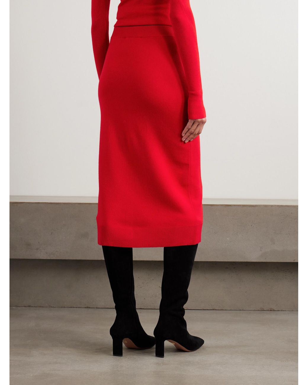 Victoria Beckham Red Ribbed Merino Wool-Blend Midi Skirt