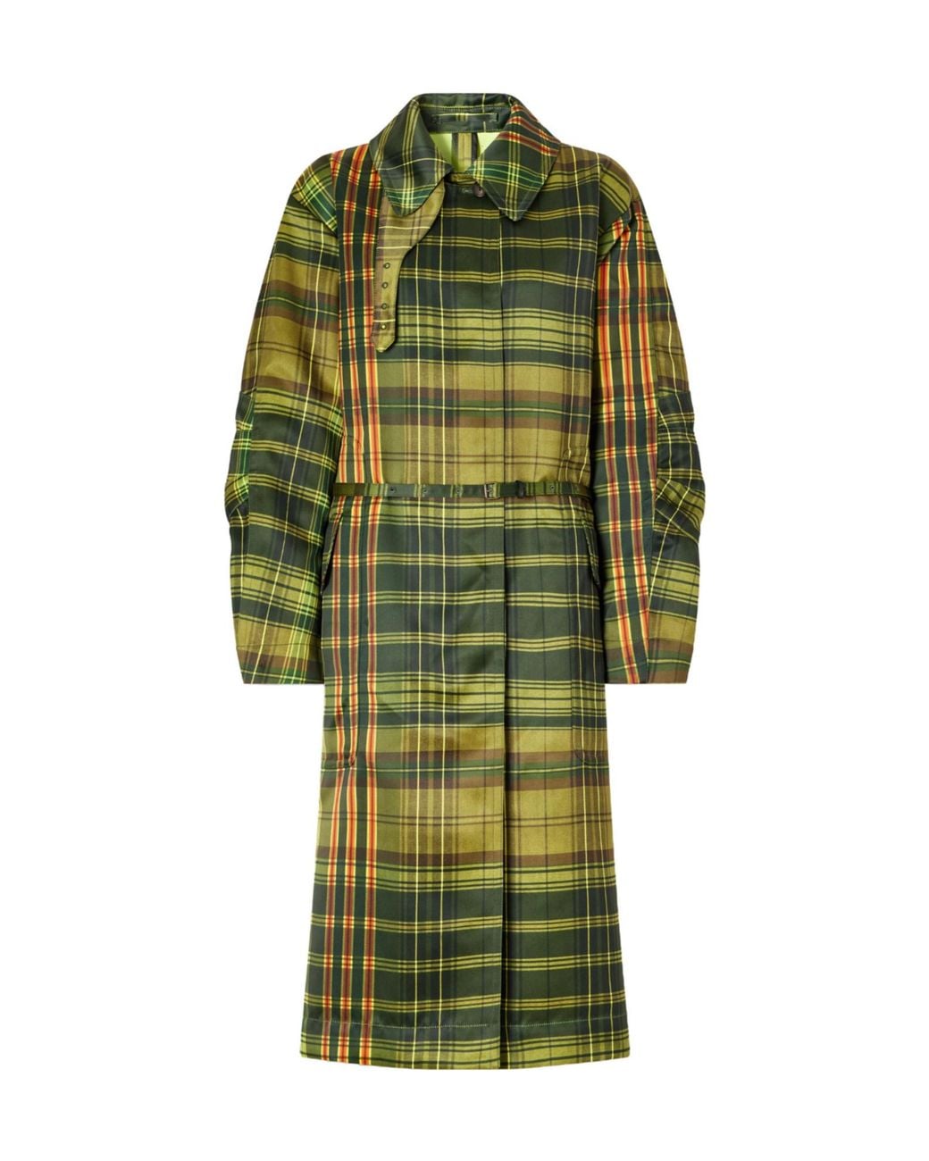 Dries Van Noten Green Belted Checked Duchesse Satin Coat