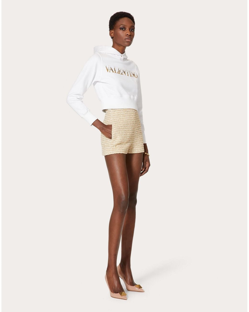 Valentino Natural High-Waist Tweed Shorts