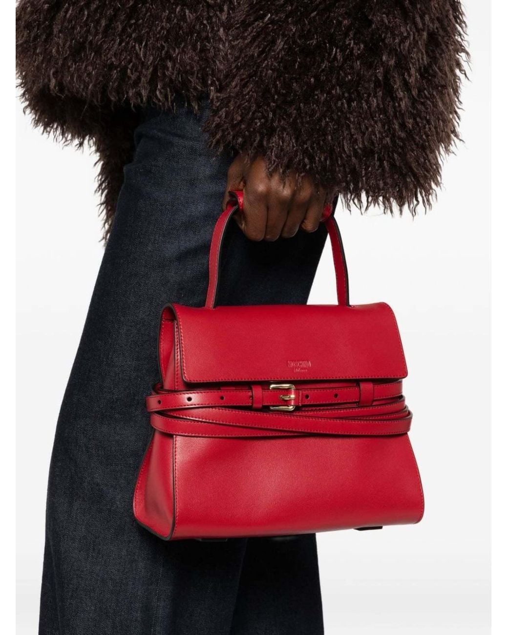 Moschino Red Belt-Detail Leather Tote Bag