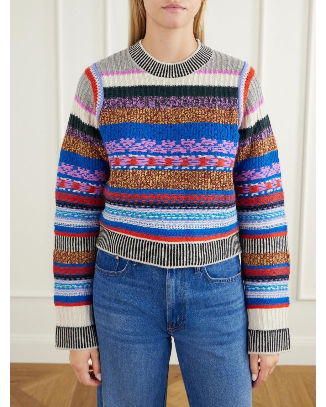 Mother Blue Crop Striped Alpaca And Wool-Blend Sweater