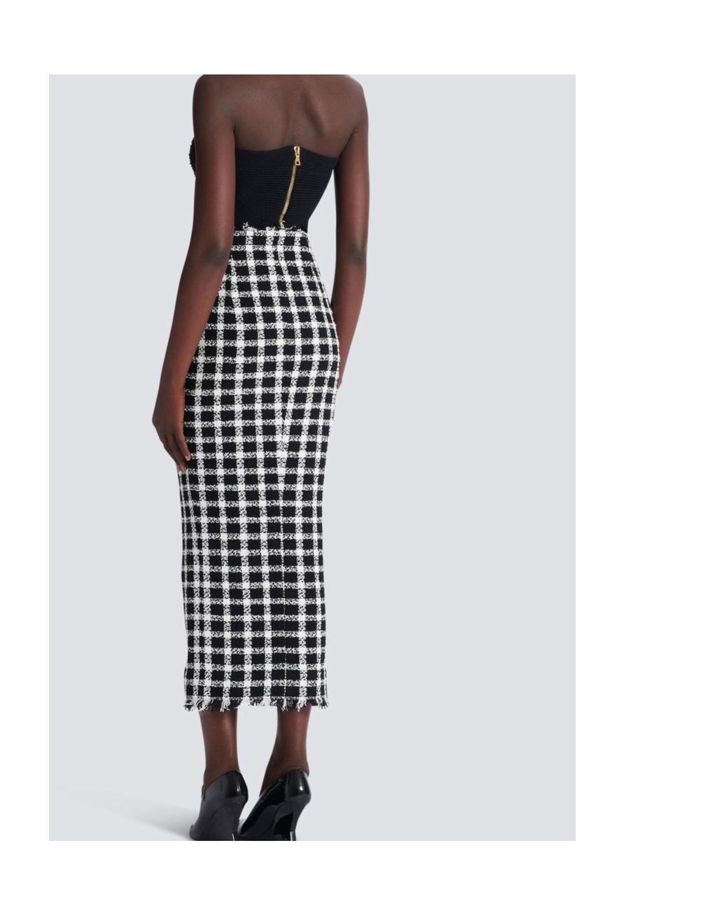 Balmain Black Gingham Tweed Long Skirt