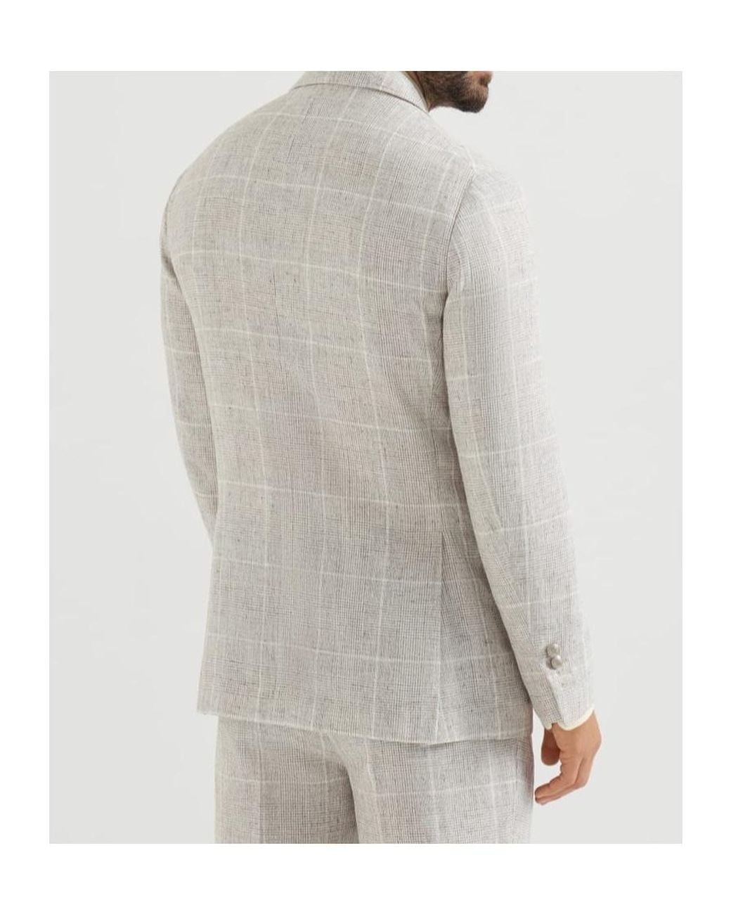 Brunello Cucinelli Gray Linen Prince Of Wales One-And-A-Half Breasted Deconstructed Blazer With Metal Buttons for men