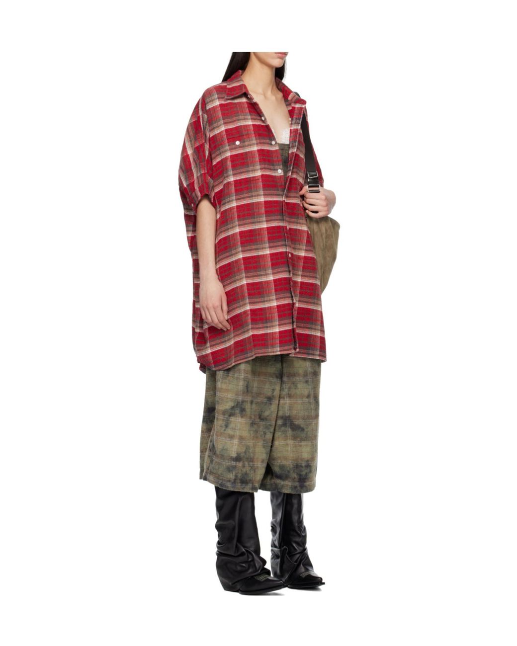R13 Red Plaid Mini Shirt Dress