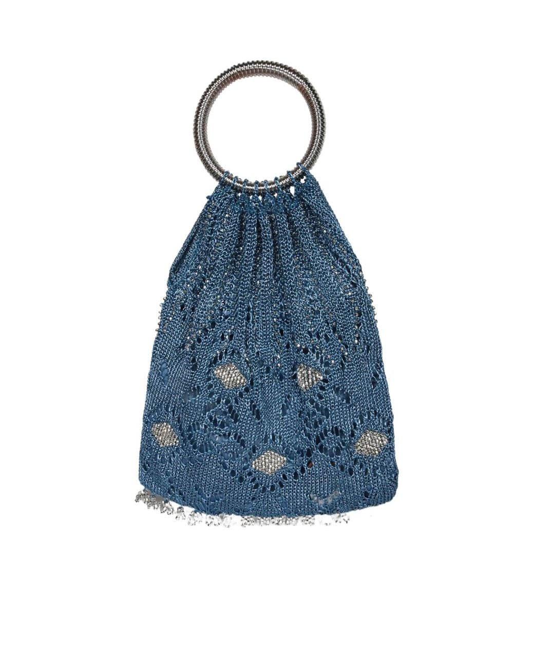 Rabanne Blue Top Handle Beaded Crochet Tote Bag