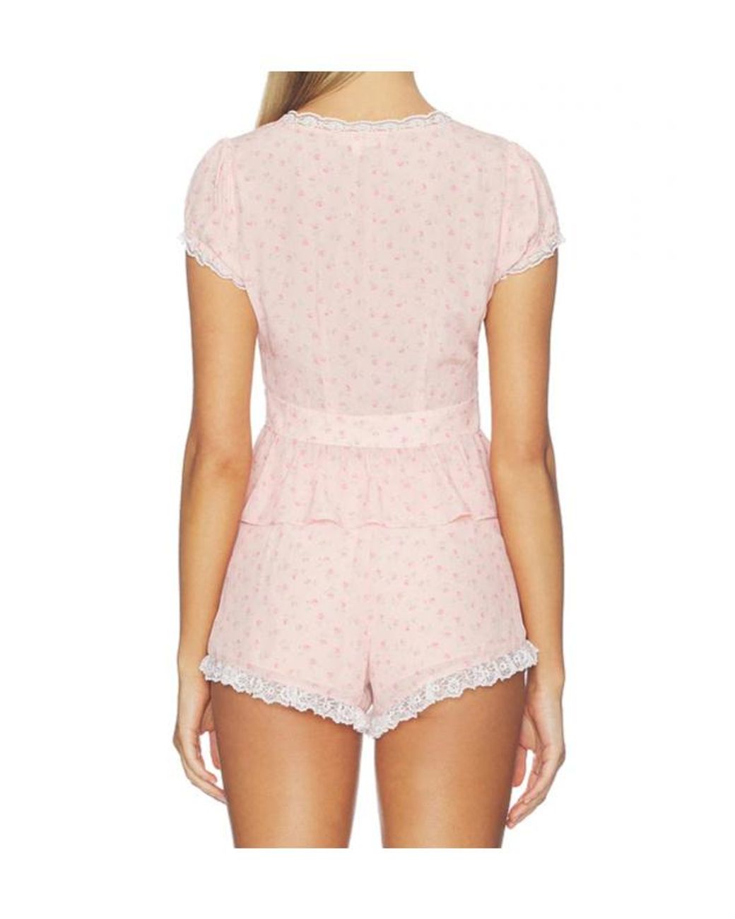LoveShackFancy Pink Bondy Lace Trim Peplum Top