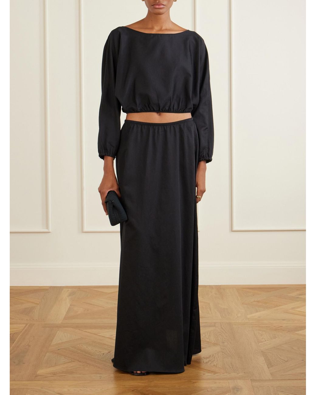 Leset Black Yoko Cropped Gathered Cotton-Poplin Top