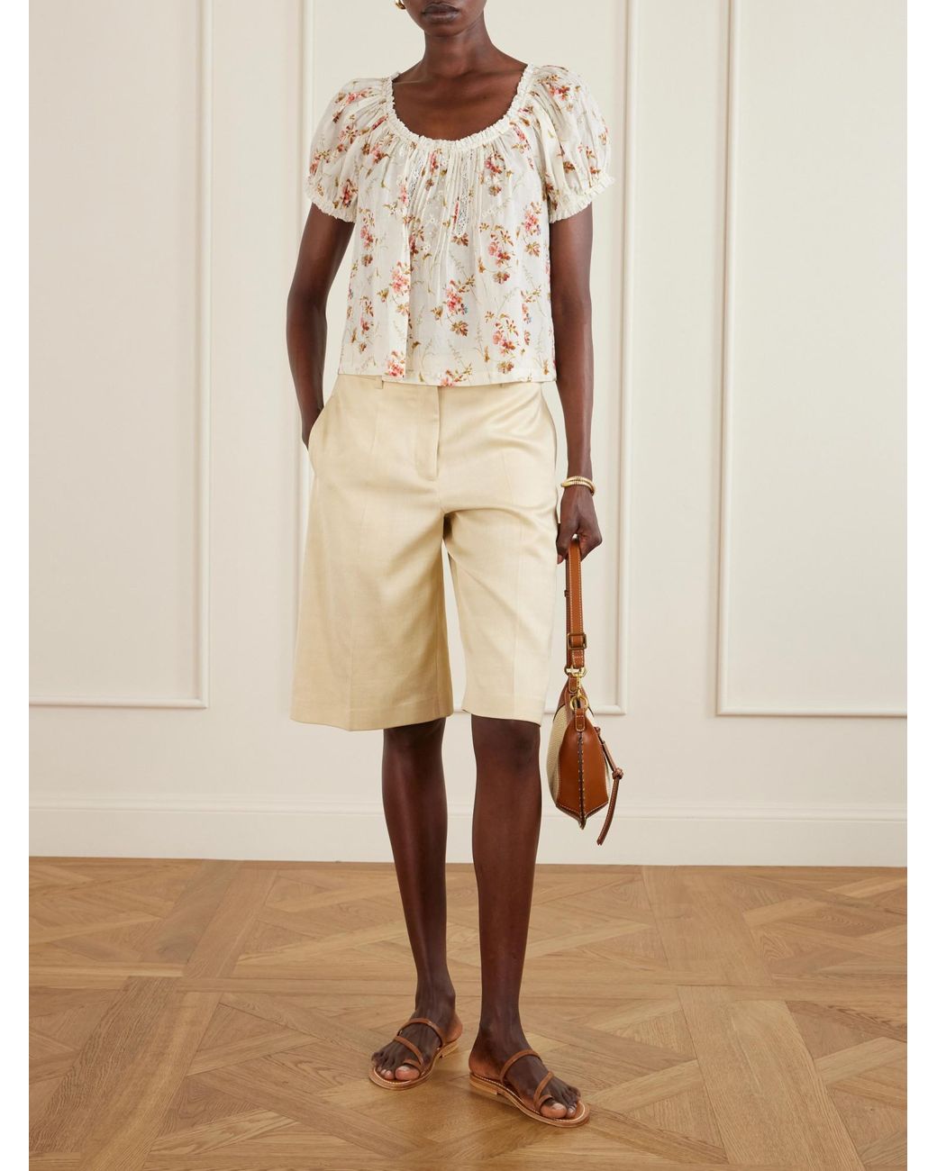 Doen White Lace-Trimmed Floral-Print Organic Cotton Blouse