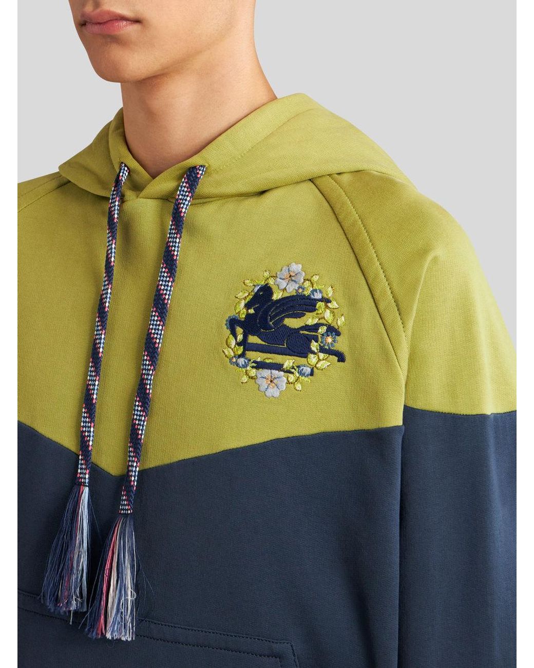 Etro Blue Pegaso-Embroidered Two-Toned Drawstring Hoodie for men