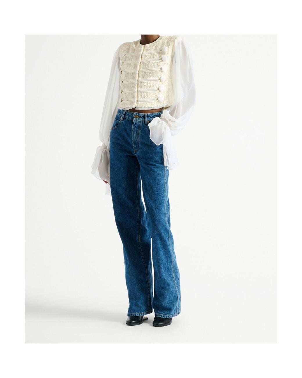 Balmain White Cropped Sheer-Sleeve Blazer