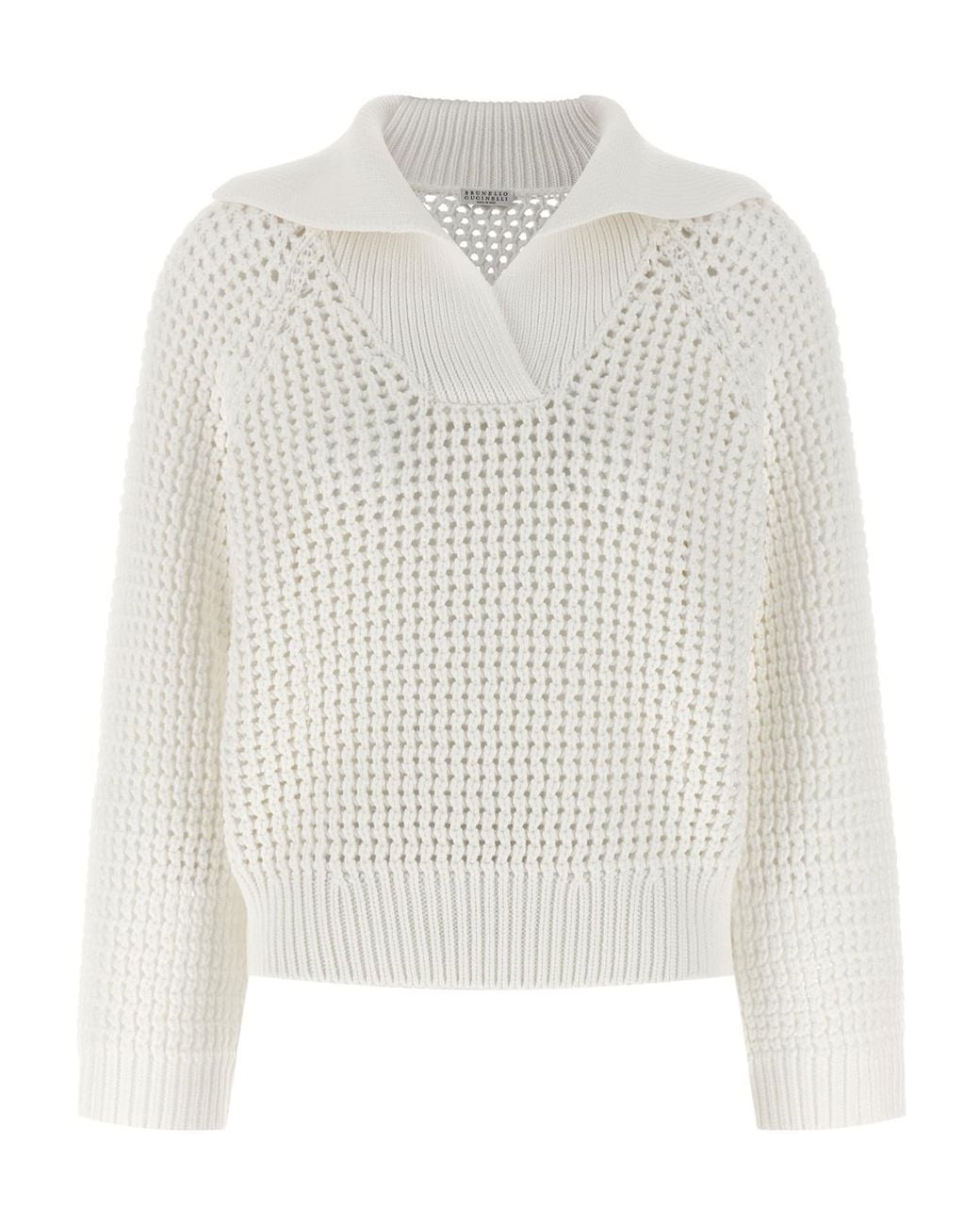 Brunello Cucinelli White V-Neck Knitted Sweater