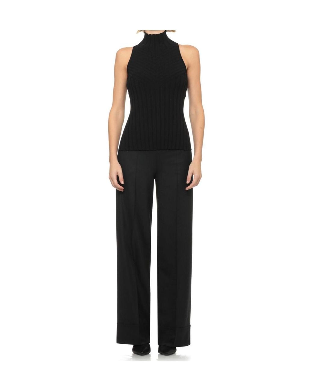 D.exterior Black Ribbed Sleeveless Knitted Top