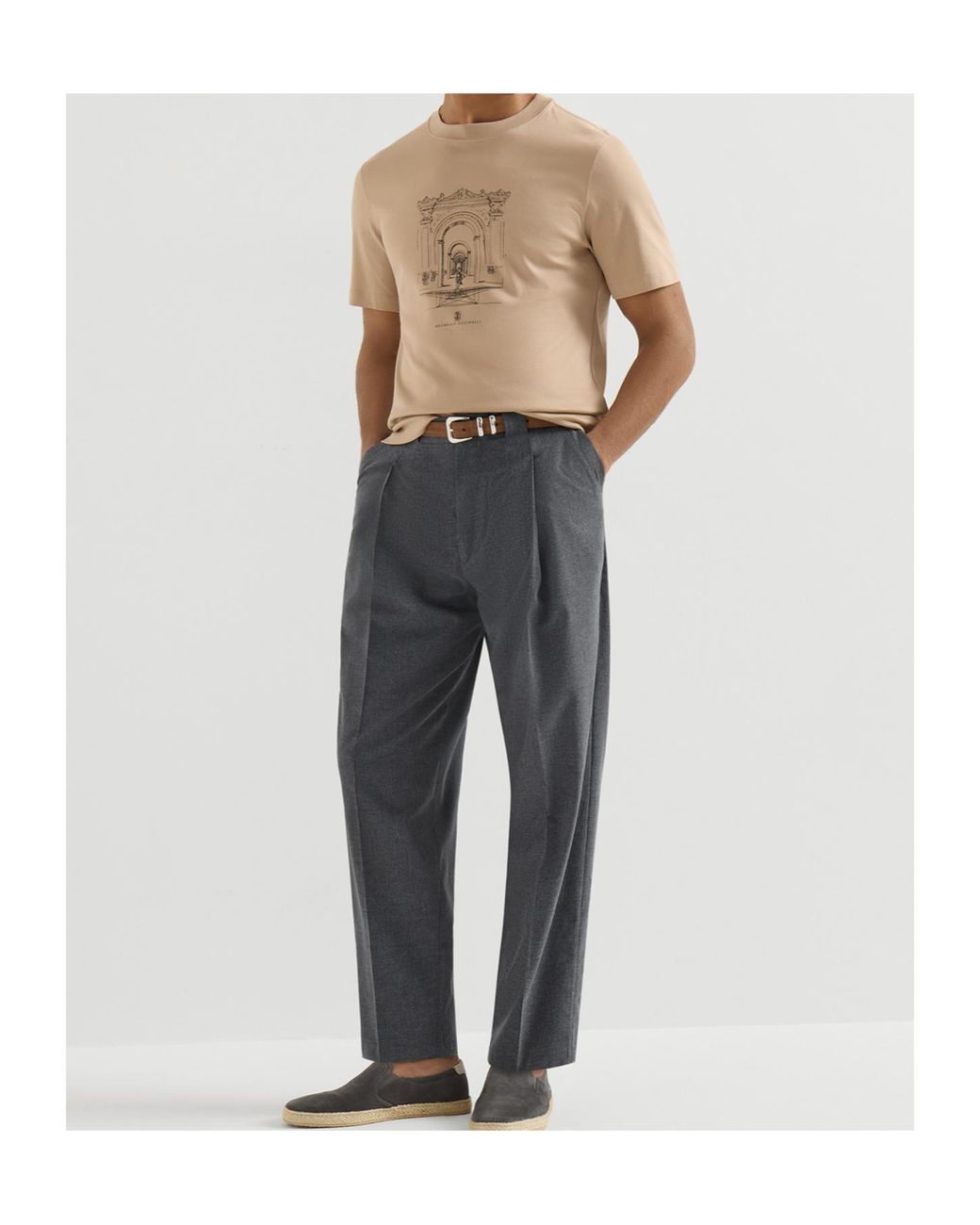 Brunello Cucinelli Gray Virgin Wool, Cotton And Silk Mouliné Trousers With Pleat for men