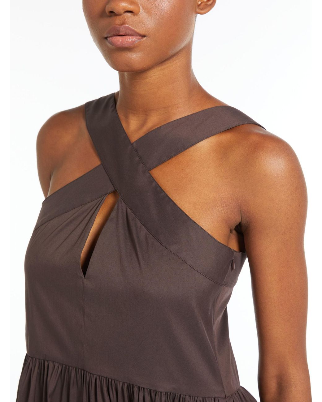 Max Mara Brown V-Neck Poplin Midi Dress