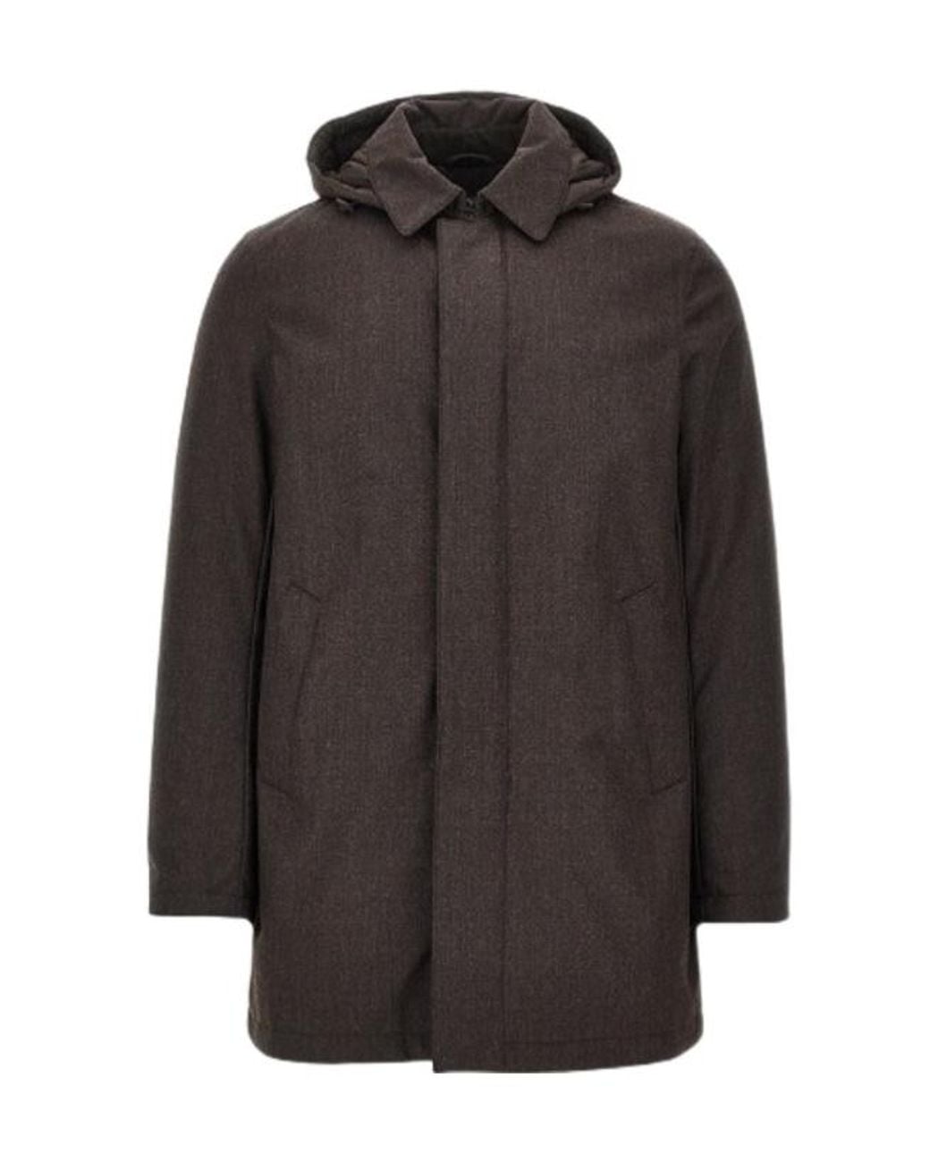 Herno Gray Wool Hooded Single-Breasted Coat for men