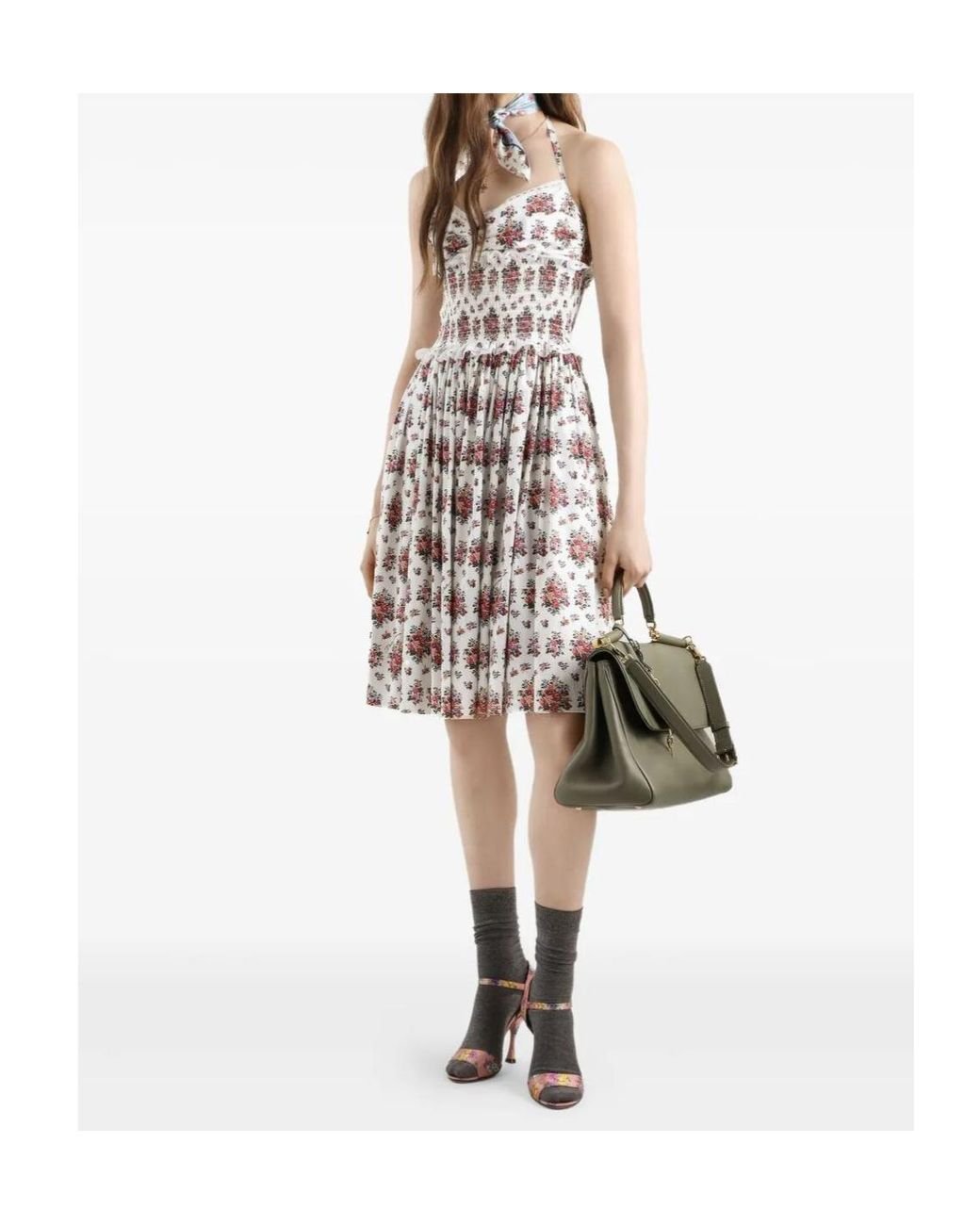 Dolce & Gabbana White Small Flower Bouquet-Printed Poplin Dress